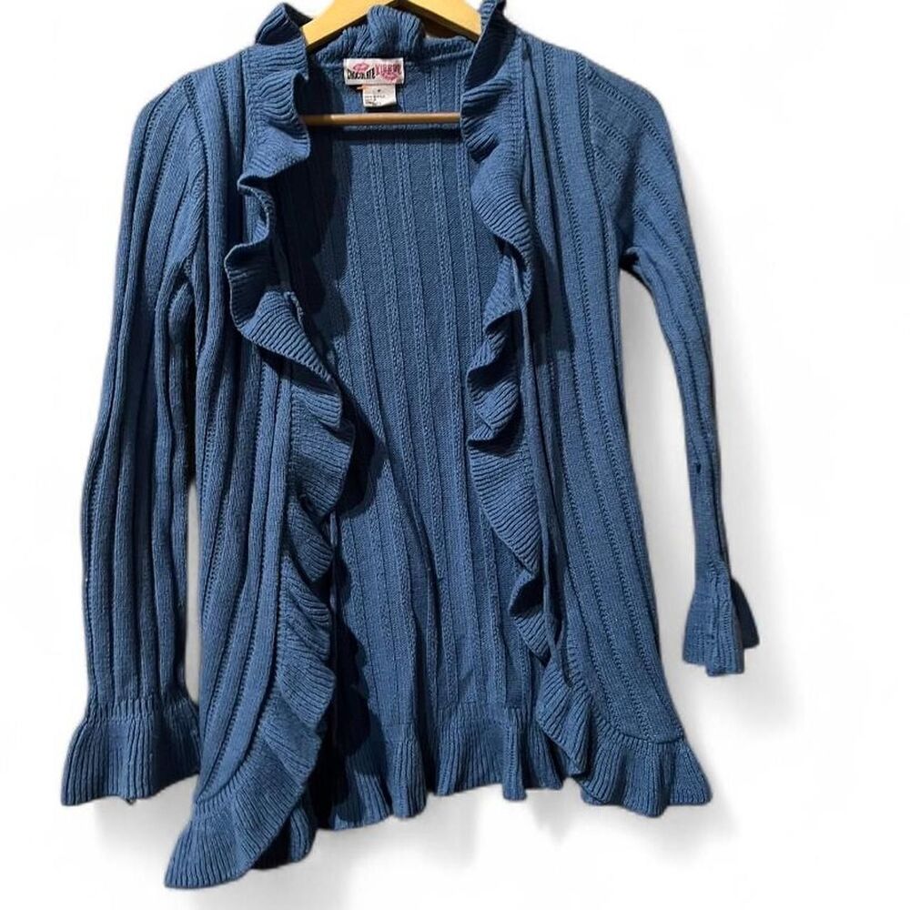 Y2K 90’s Vintage Dusty Blue Ribbed Ruffle Cardigan W/ Optional Tie-Front. - Picture 8 of 10